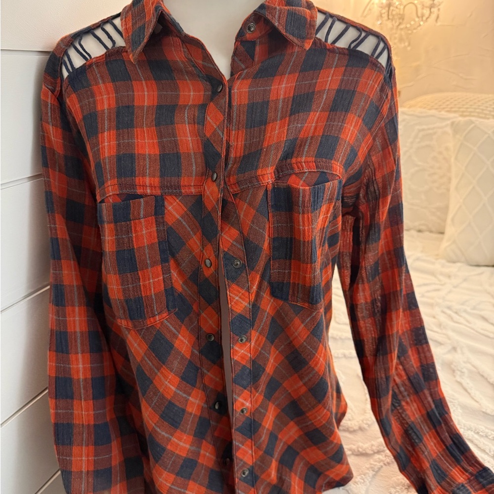 Free People Orange and Black Plaid Shirt
